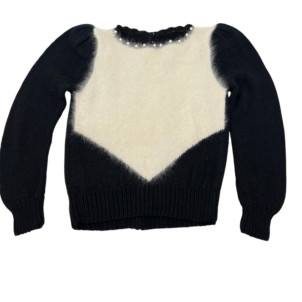Vintage 1980s Black White Chevron Knit Sweater Pearl Trim Open Back Acrylic